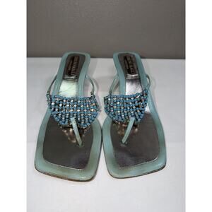 Bruno Magli Couture Silver and Turquoise Rhinestones Sandals Thongs Heels Size 7
